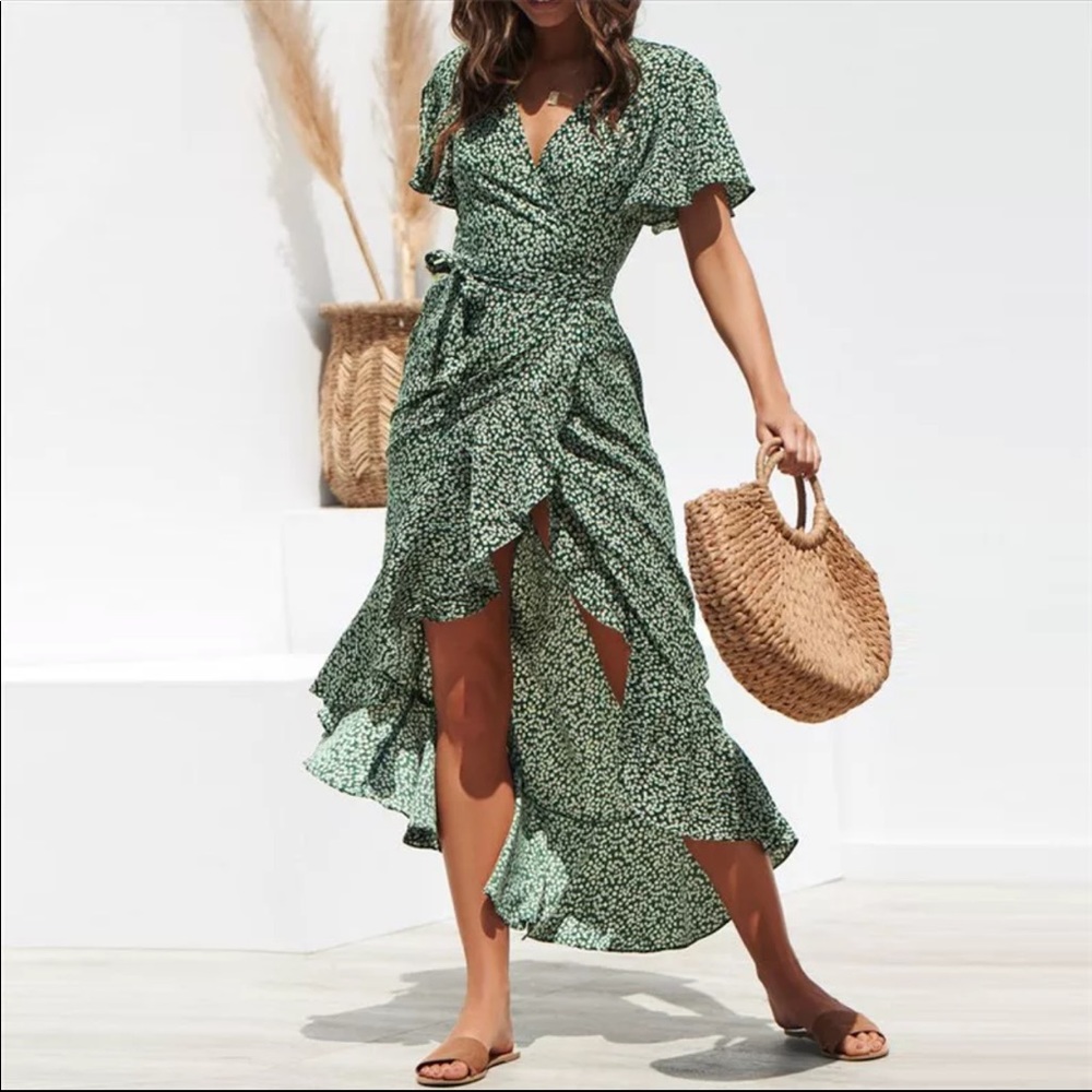 2 Left! Green Floral Wrap Maxi Boho Chiffon Dress - Picture 3 of 14